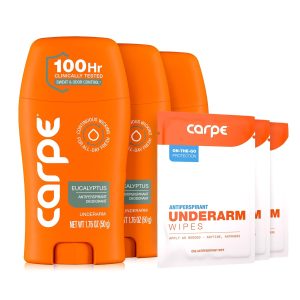 Carpe Antiperspirant Deodorant. Eucalyptus - 3 Pack + 3 Bonus Wipes | 100-Hour Sweat & Odor Control.